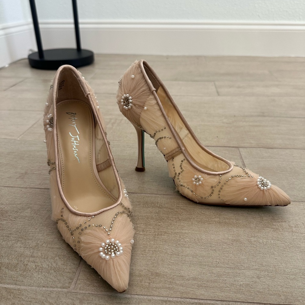 Betsey Johnson Blush Pink Pearl & Bead Embellished Pointed-Toe Pumps